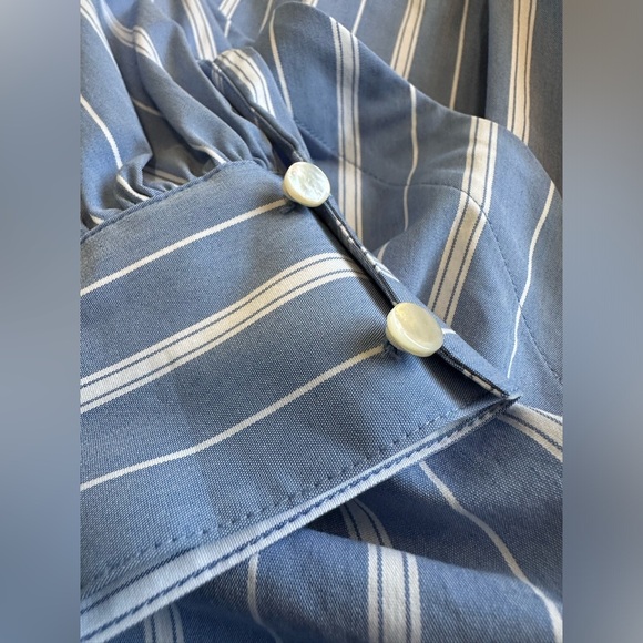 Theory Quincy Striped Faux Wrap Long-Sleeve Top - Blue & White Striped - Large - Picture 13 of 17